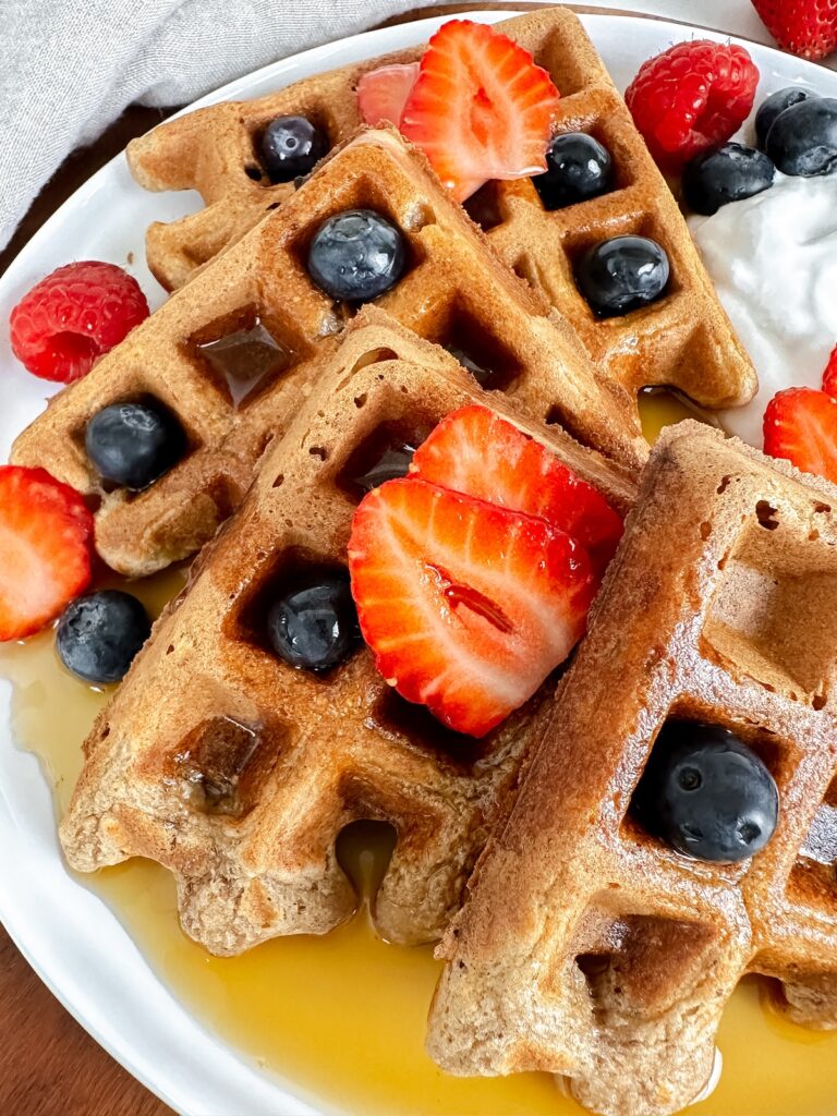 close up angled shot of protein waffles