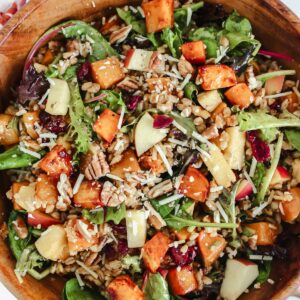 overview shot of gochujang roasted butternut squash apple farro salad