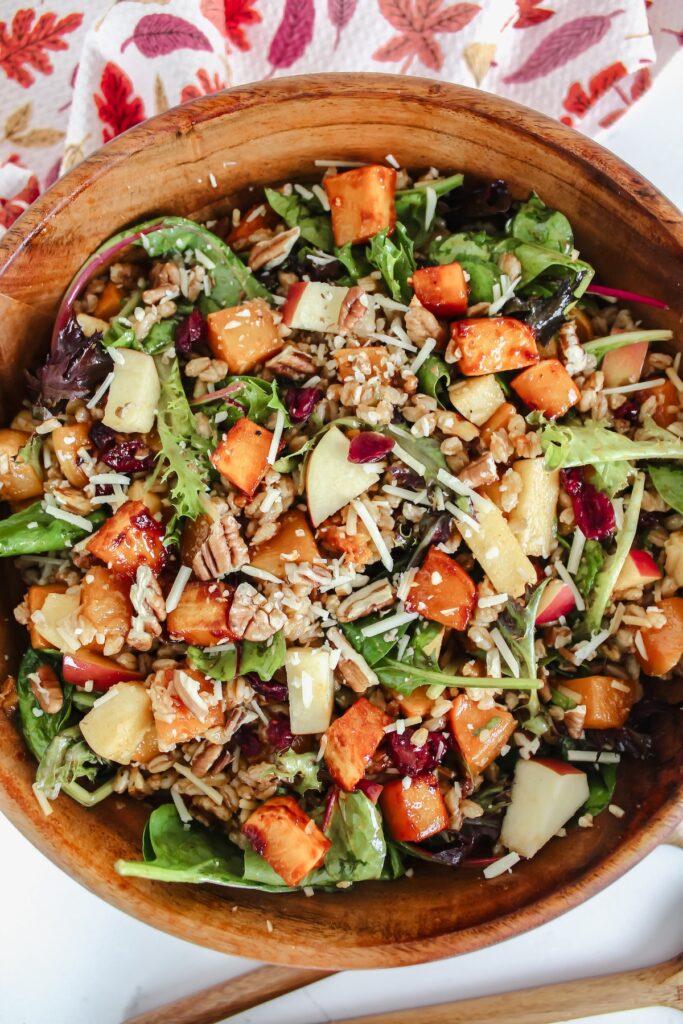 overview shot of gochujang roasted butternut squash apple farro salad