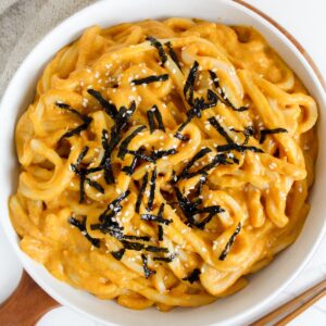 overview shot of creamy pumpkin miso udon noodles