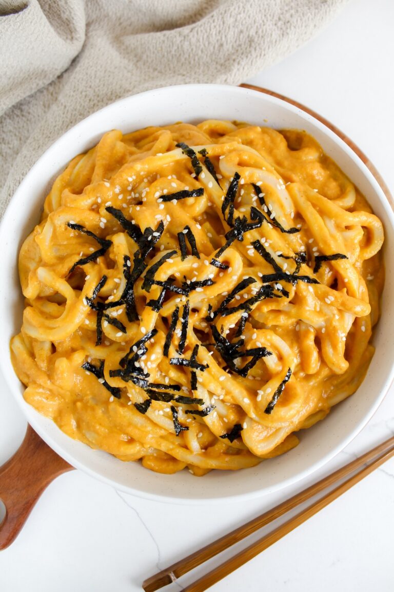 overview shot of creamy pumpkin miso udon noodles