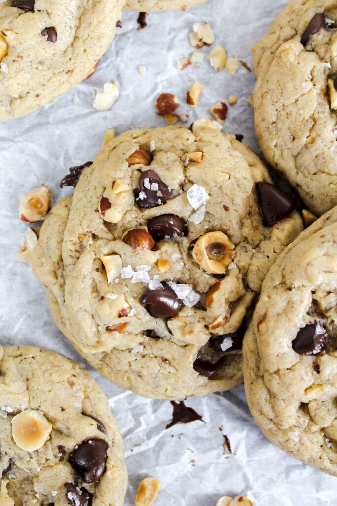 hazelnut chocolate chip cookies piled together