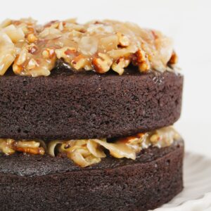 side view shot of vegan german chocolate cake