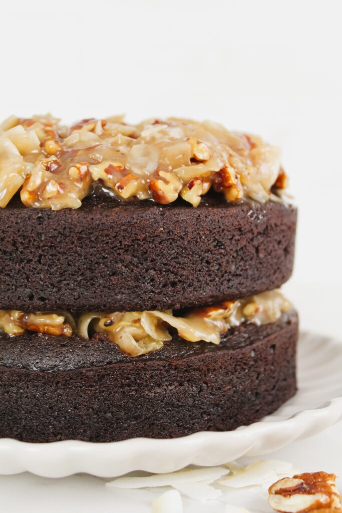 side view shot of vegan german chocolate cake