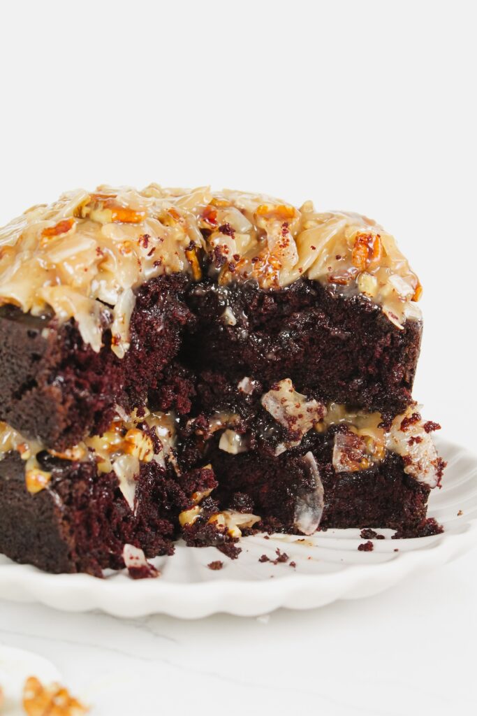 shot of the inside of vegan german chocolate cake