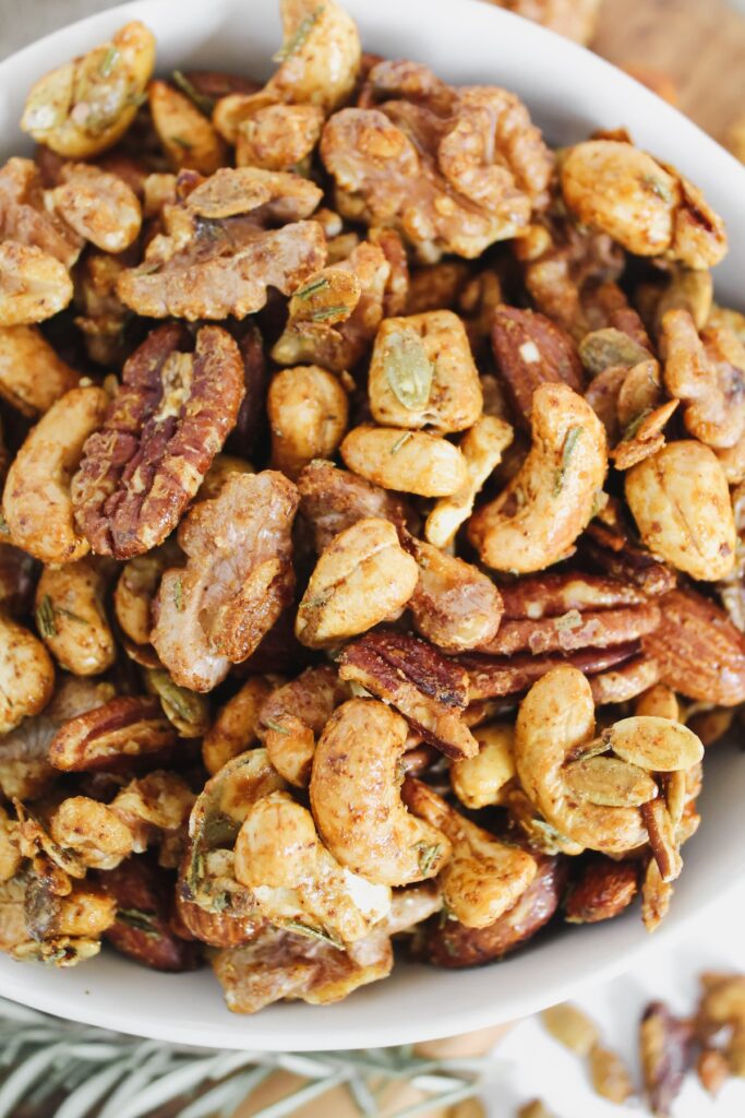 close up of spiced nuts in a bowl