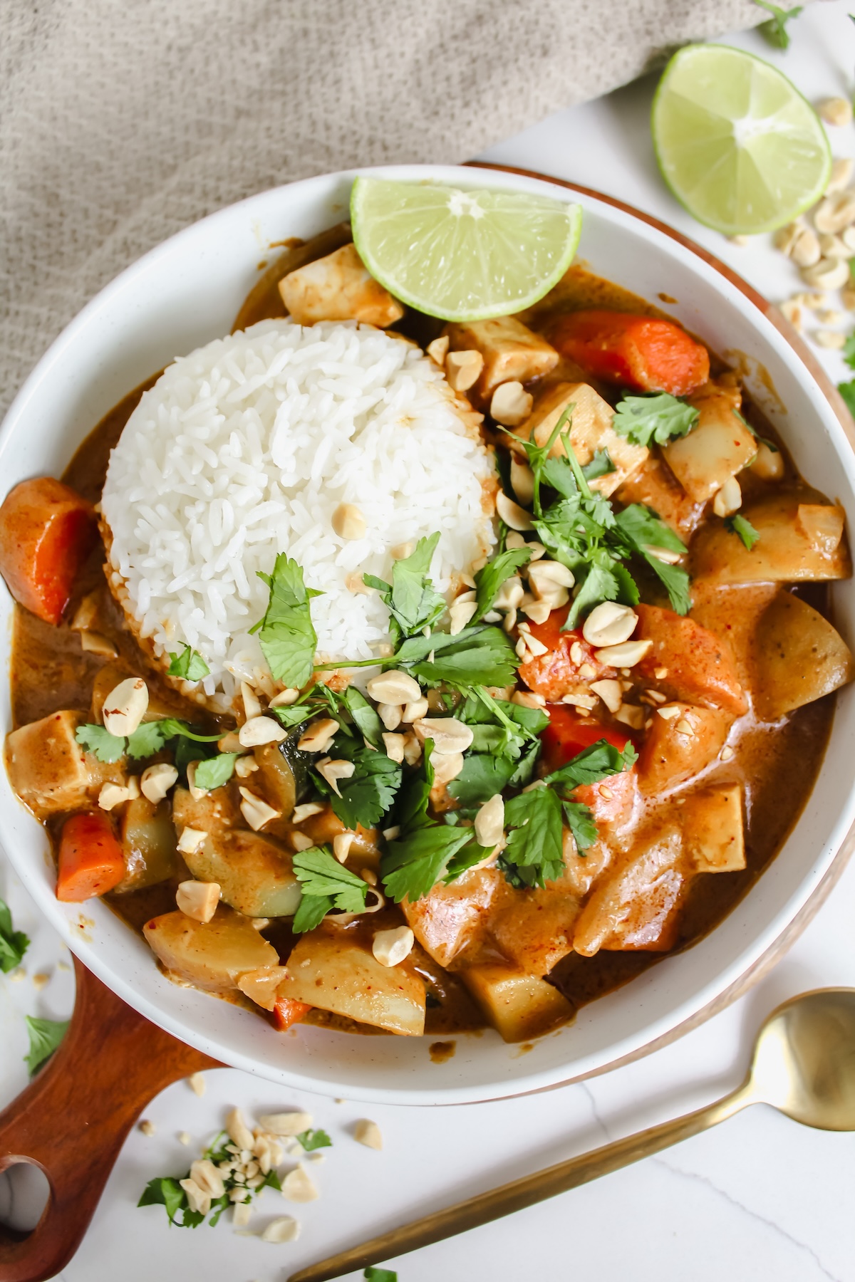 overview shot of a bowl with thai massaman curry and rice