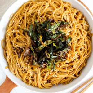 overview shot of plate of Chinese scallion oil noodles