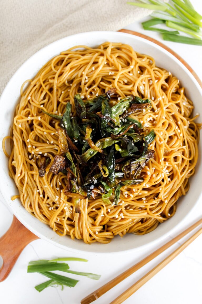 overview shot of plate of Chinese scallion oil noodles