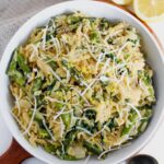 overview shot of entire bowl of creamy lemon miso asparagus orzo