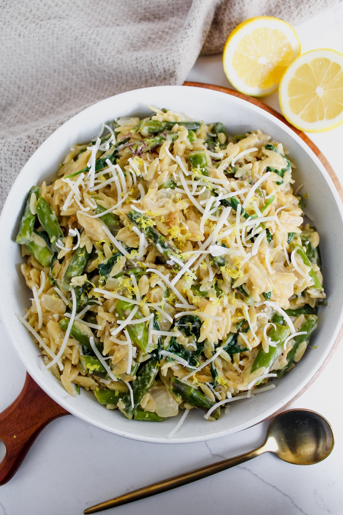 overview shot of entire bowl of creamy lemon miso asparagus orzo