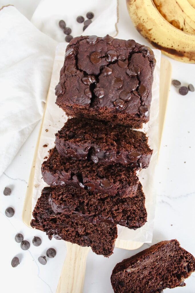 slices of banana bread on a wooden board