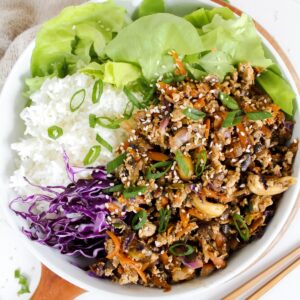 overview shot of entire bowl of tofu lettuce wraps in a bowl
