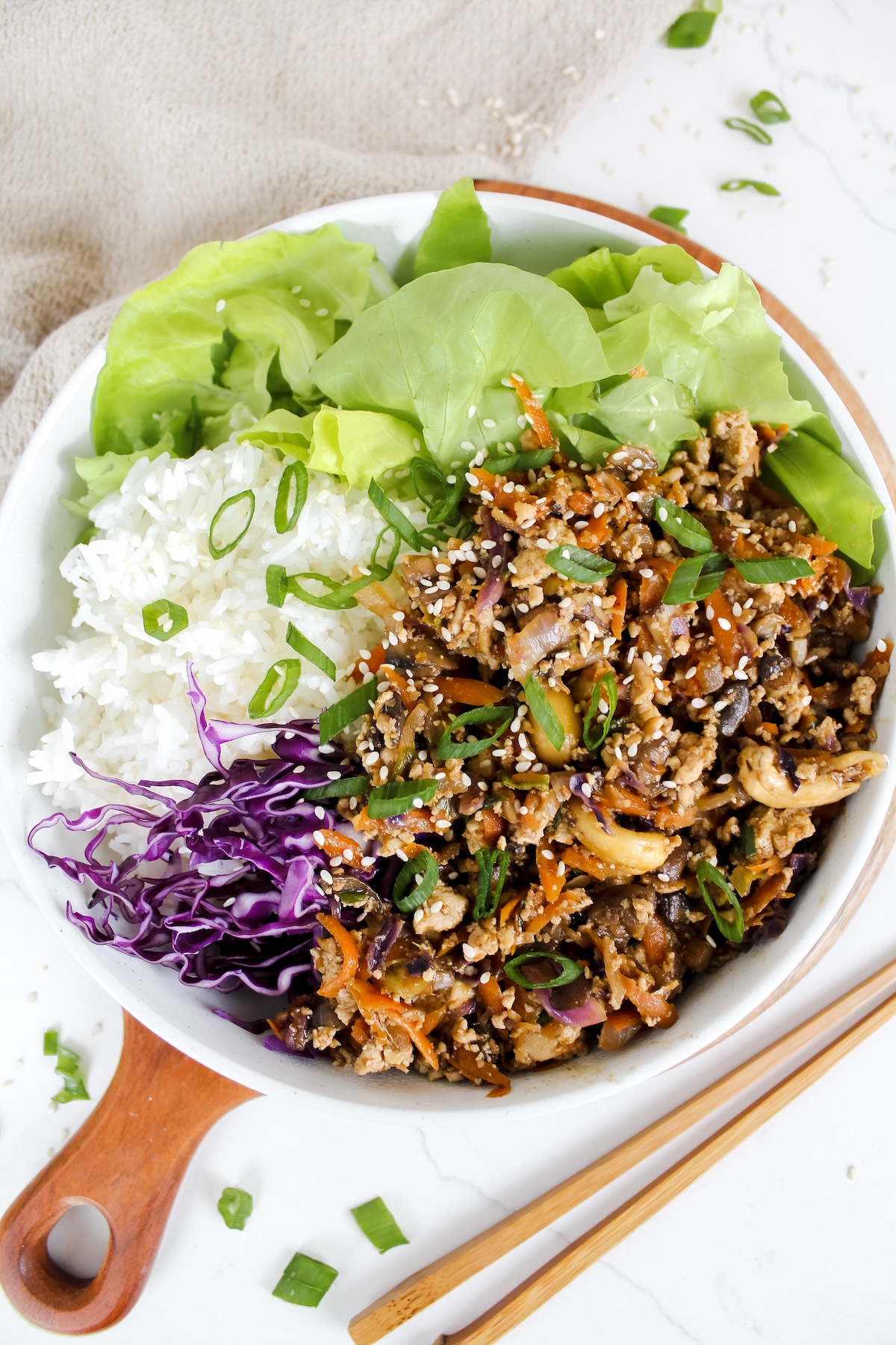 overview shot of entire bowl of tofu lettuce wraps in a bowl