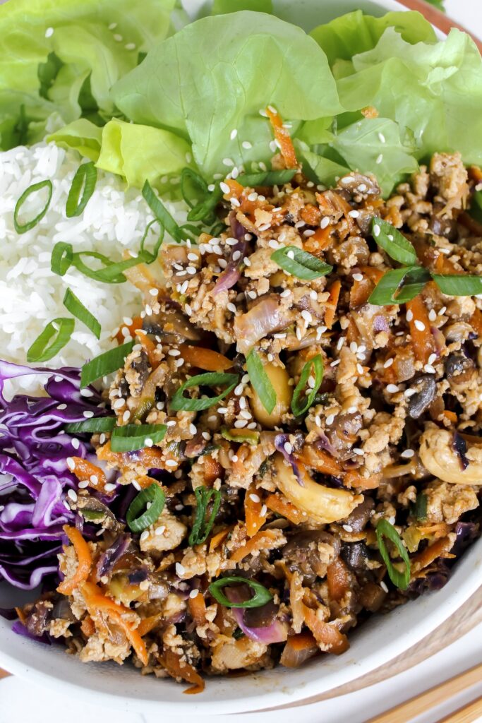 close up of tofu lettuce wraps in a bowl