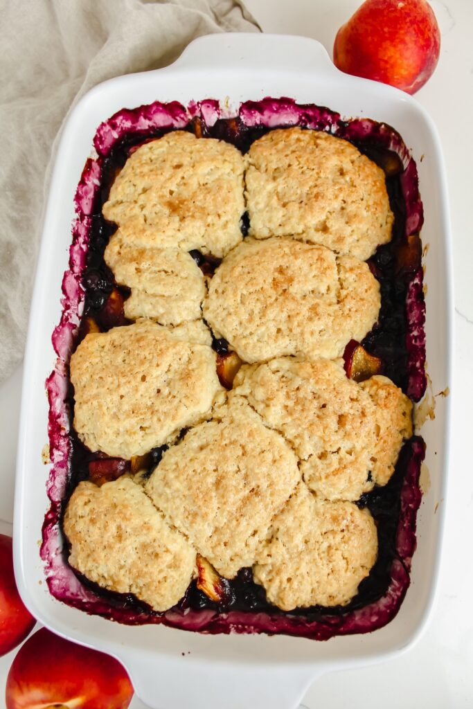 overview shot of blueberry peach cobbler