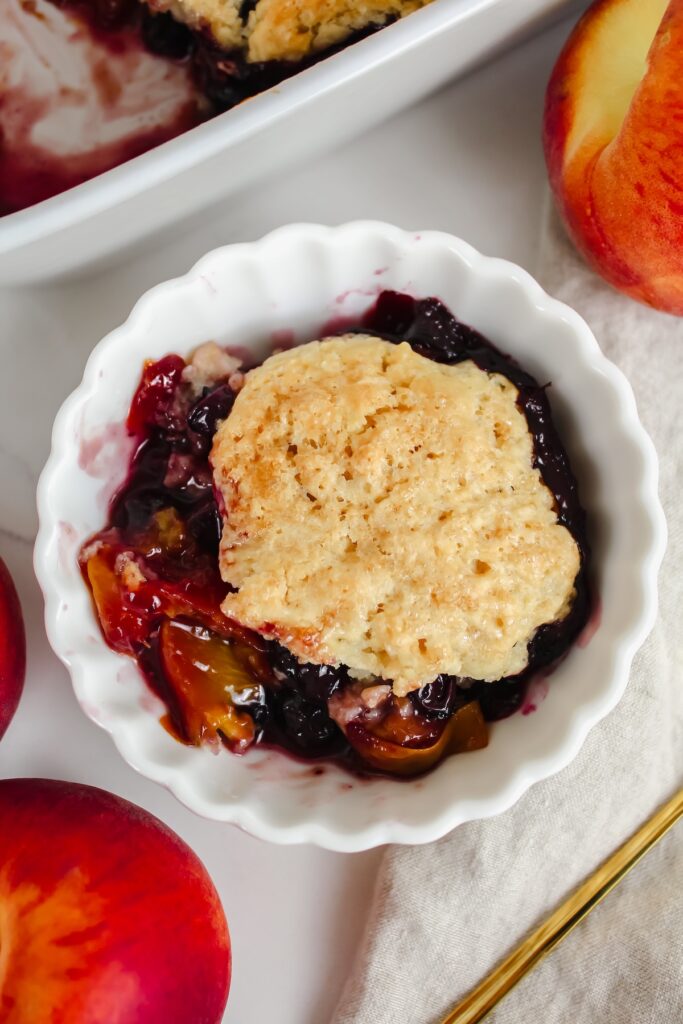 shot of blueberry peach cobbler with no ice cream on top