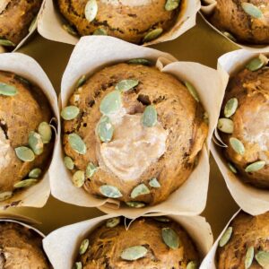 overview shot of healthier pumpkin cream cheese muffins