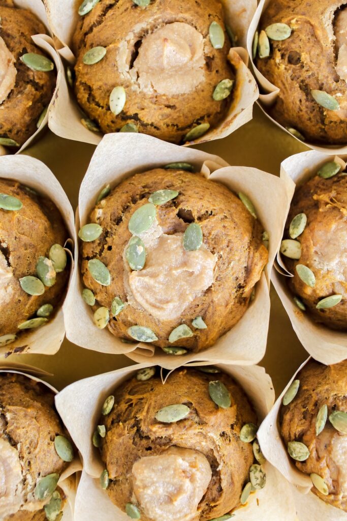 overview shot of healthier pumpkin cream cheese muffins