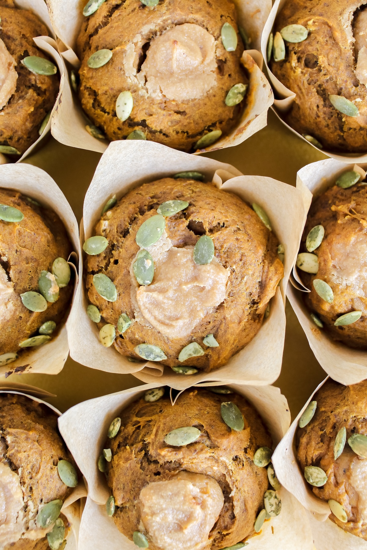 overview shot of healthier pumpkin cream cheese muffins