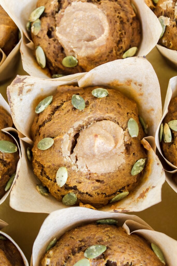 close up overview shot of pumpkin cream cheese muffins