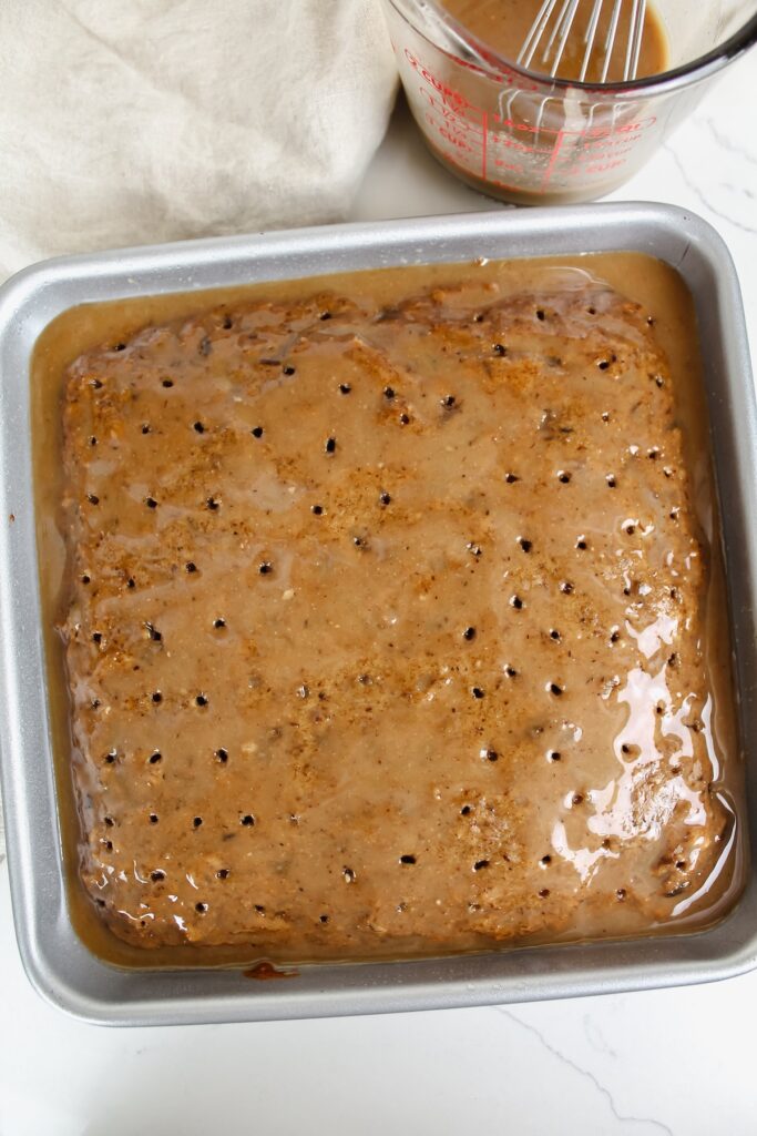 overview shot of banana sticky toffee pudding in the pan