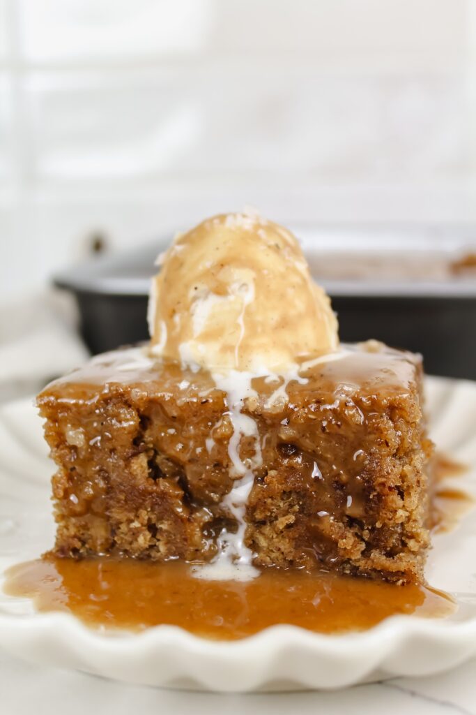 side view shot of banana sticky toffee pudding