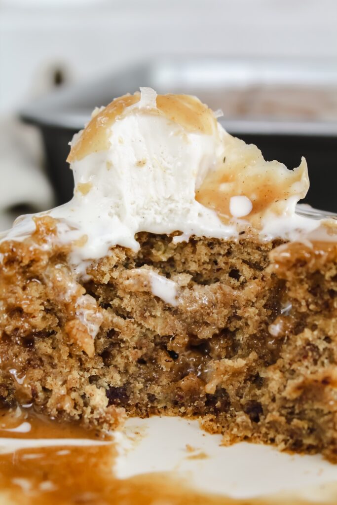close up shot of bite taken out of cake