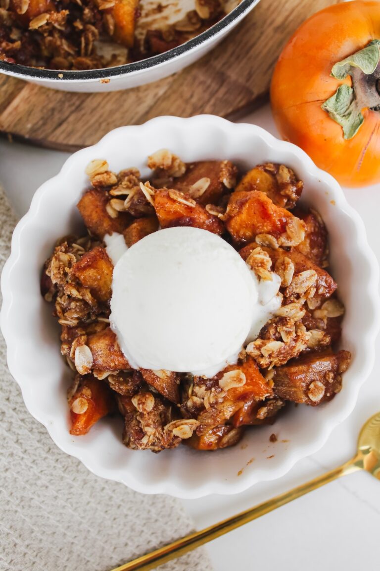 overview shot of bowl of persimmon crisp