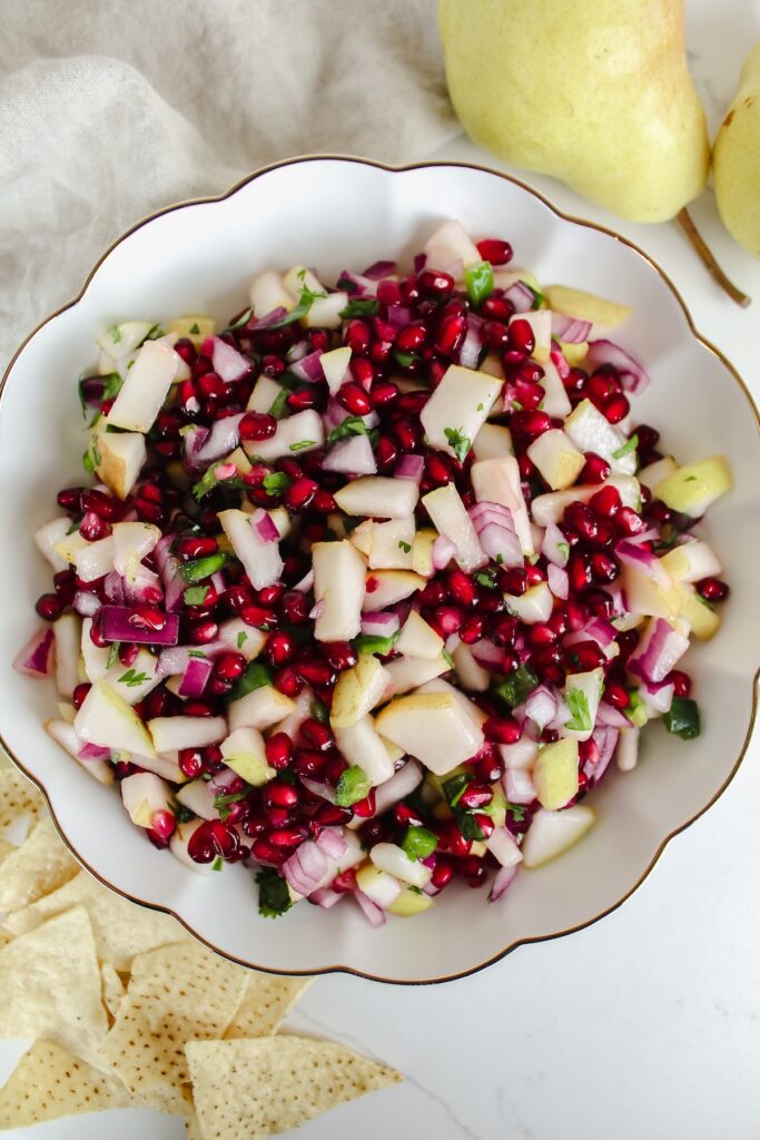overview shot of bowl with pear pomegranate salsa