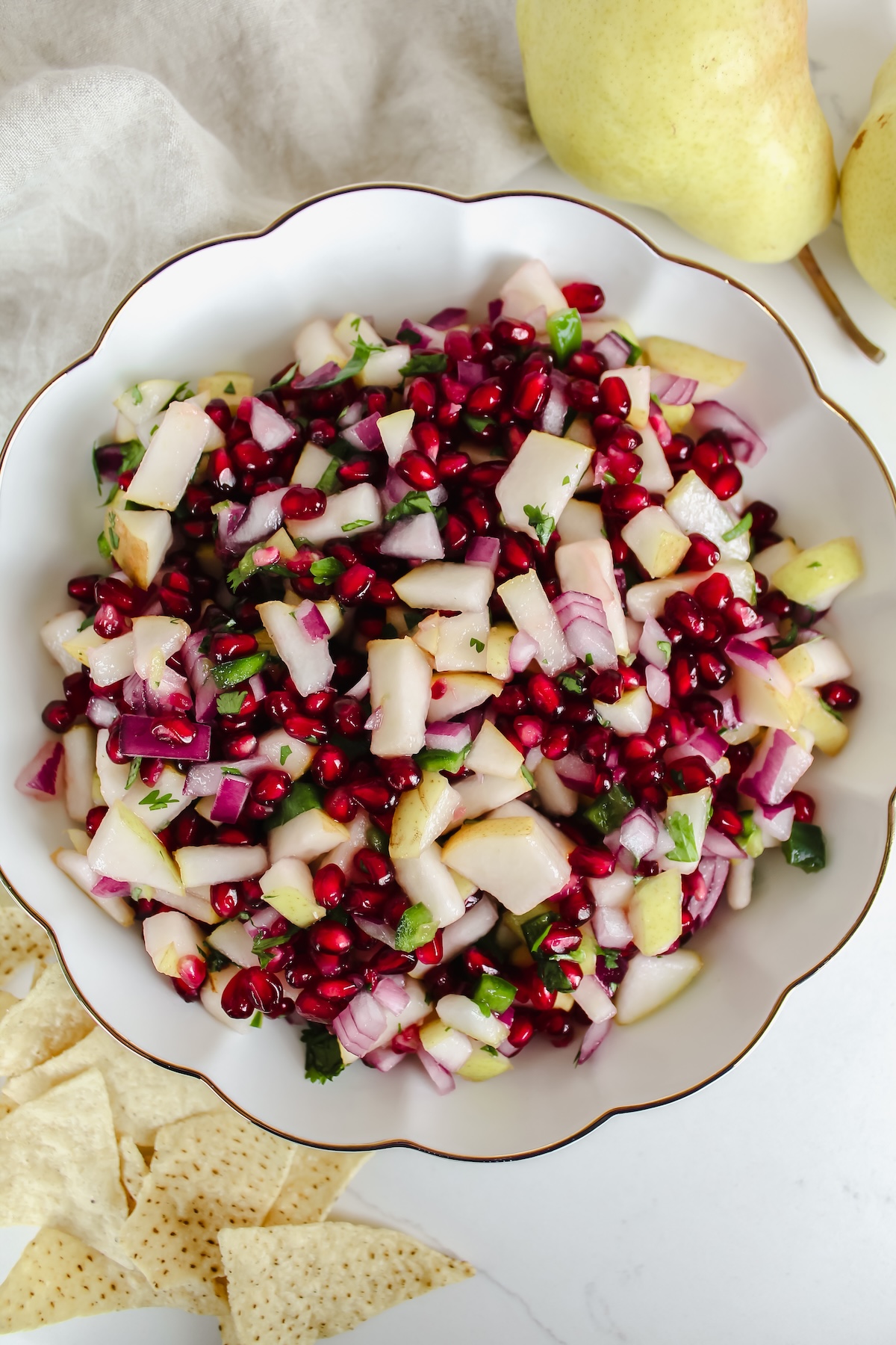 overview shot of bowl with pear pomegranate salsa
