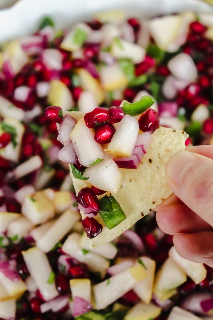 tortilla chip with pear pomegranate salsa on it