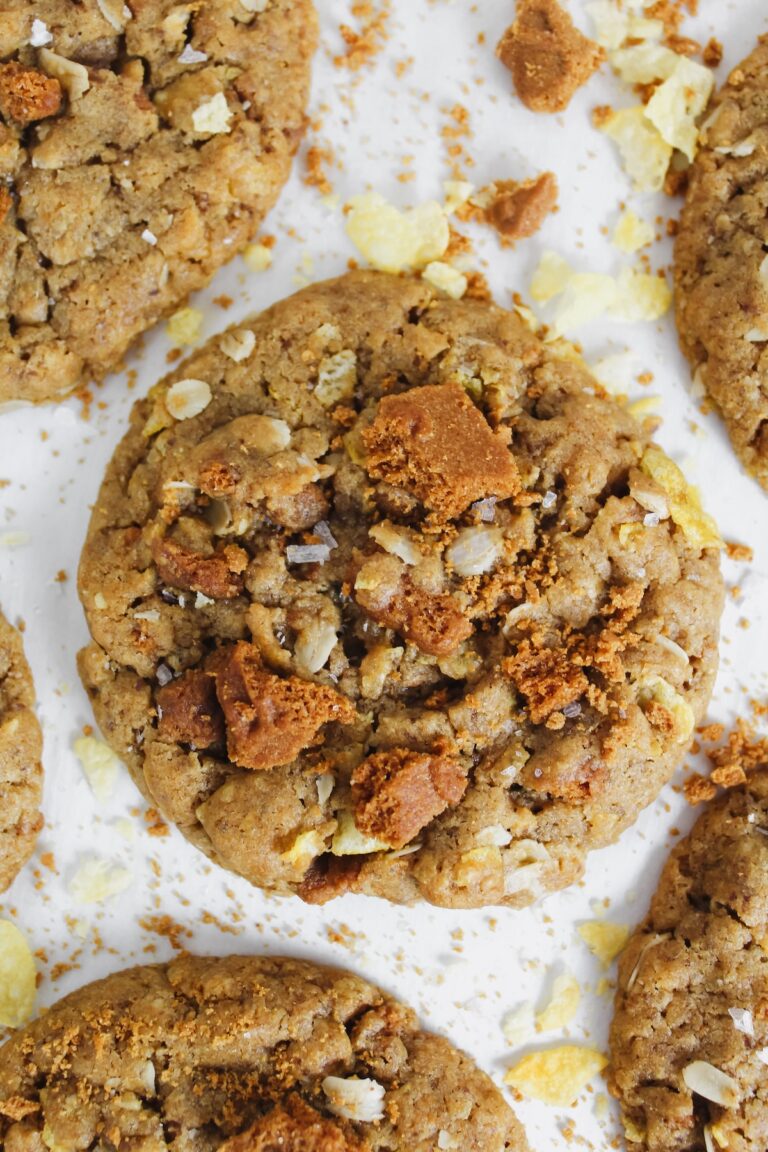 overview close up shot of a biscoff cornflake cookie