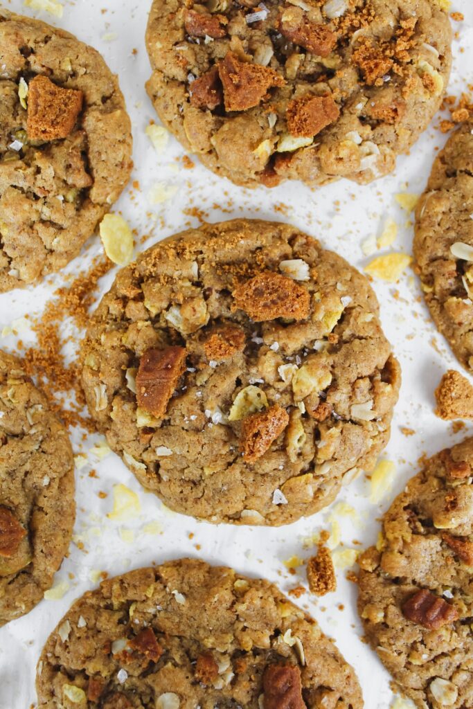 biscoff cornflake cookies on a baking sheet