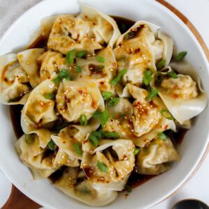overview shot of vegan wontons in a bowl