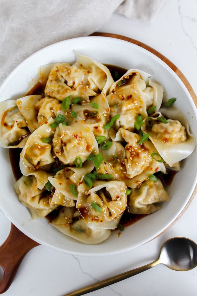 overview shot of vegan wontons in a bowl