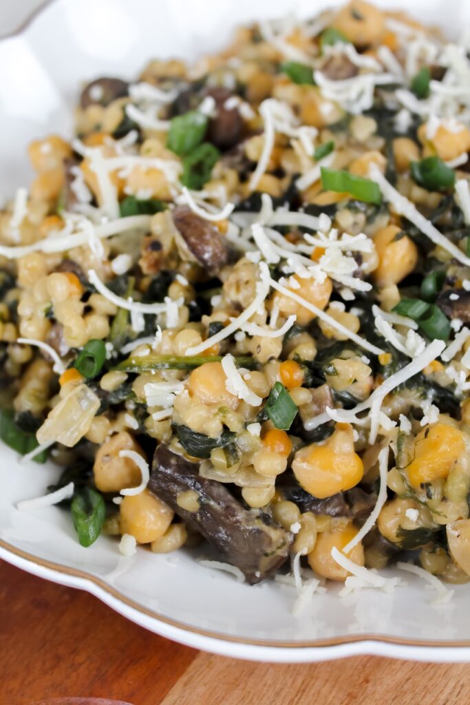 angled shot of miso chickpea mushroom couscous