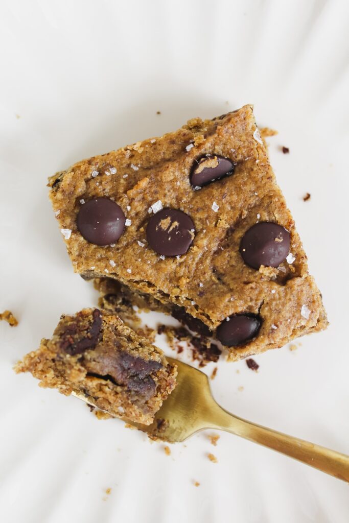 overview shot of fork into a slice of blondie