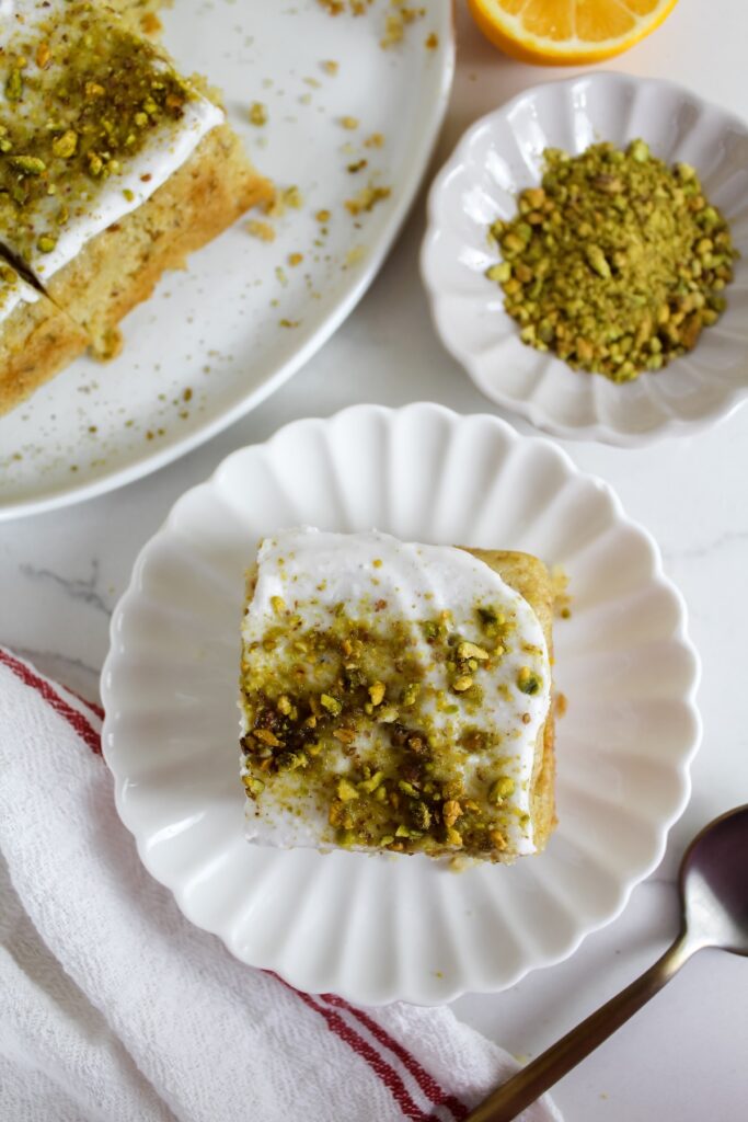 slice of cake on white plate