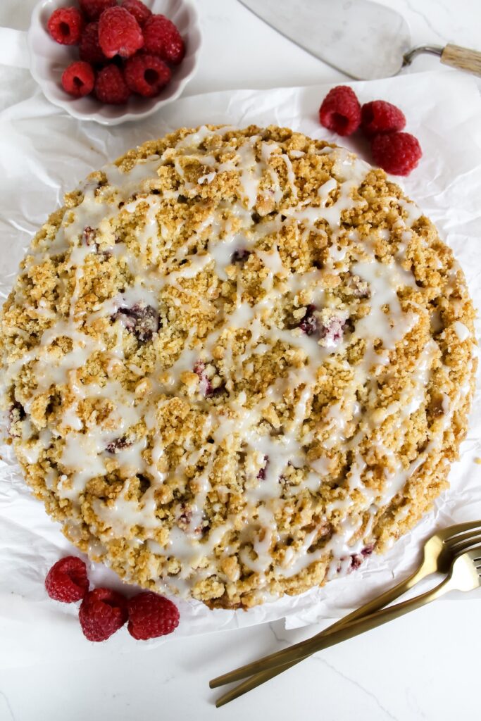 overview shot of entire raspberry coffee cake