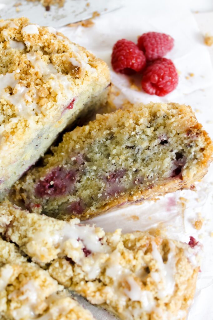 slice of raspberry coffee cake on its side