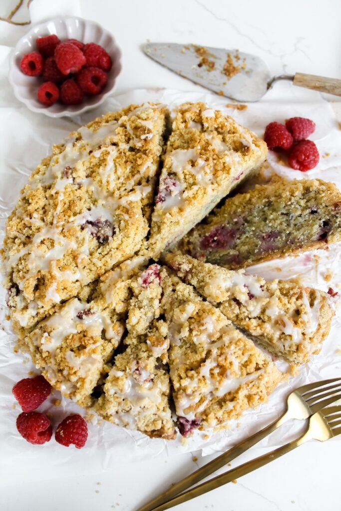 sliced vegan raspberry coffee cake 