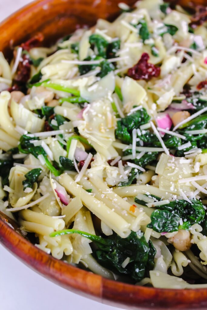 angled shot of pasta salad