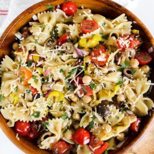 healthy italian pasta salad in wooden serving bowl