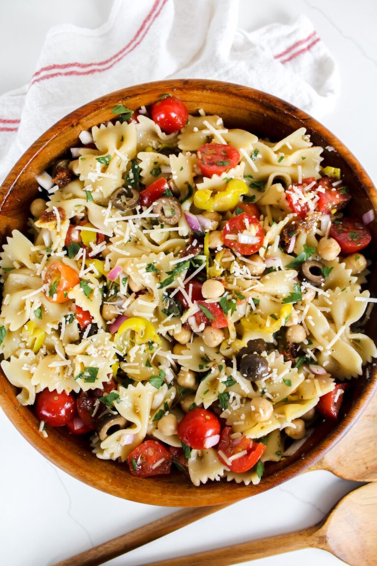 healthy italian pasta salad in wooden serving bowl
