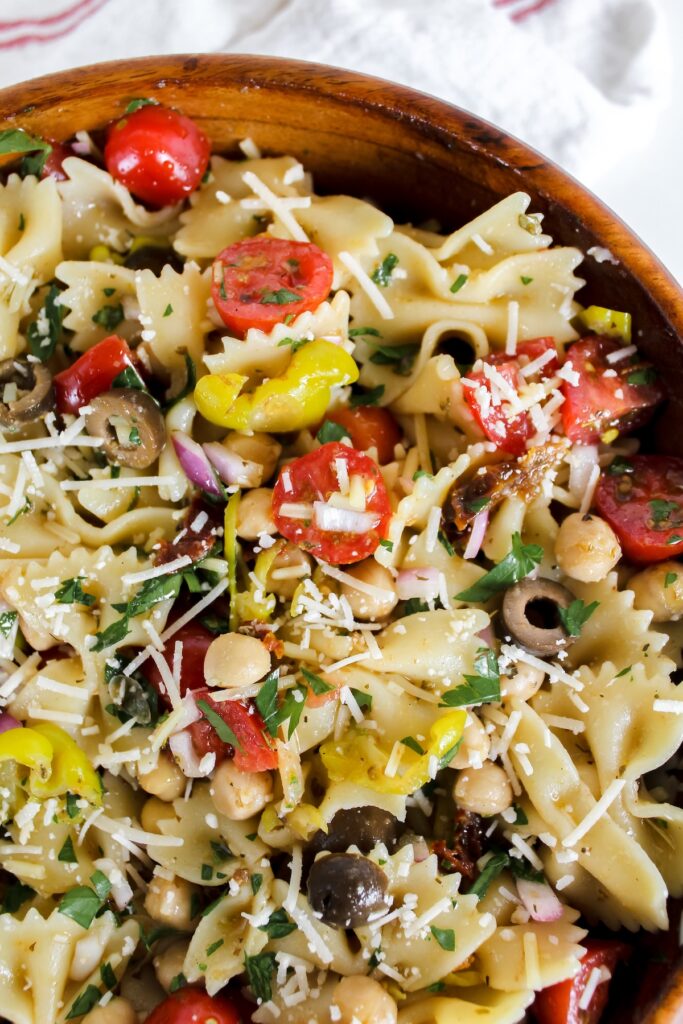 overview close up shot of italian pasta salad