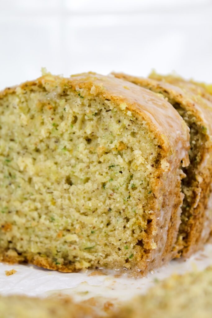 close up side view shot of lemon zucchini bread