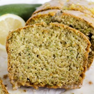 close up shot of a slice of lemon zucchini bread