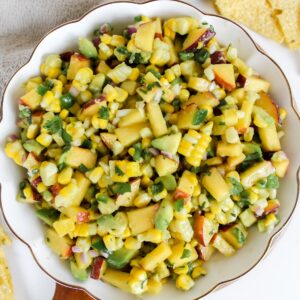 overview shot of corn peach avocado salsa
