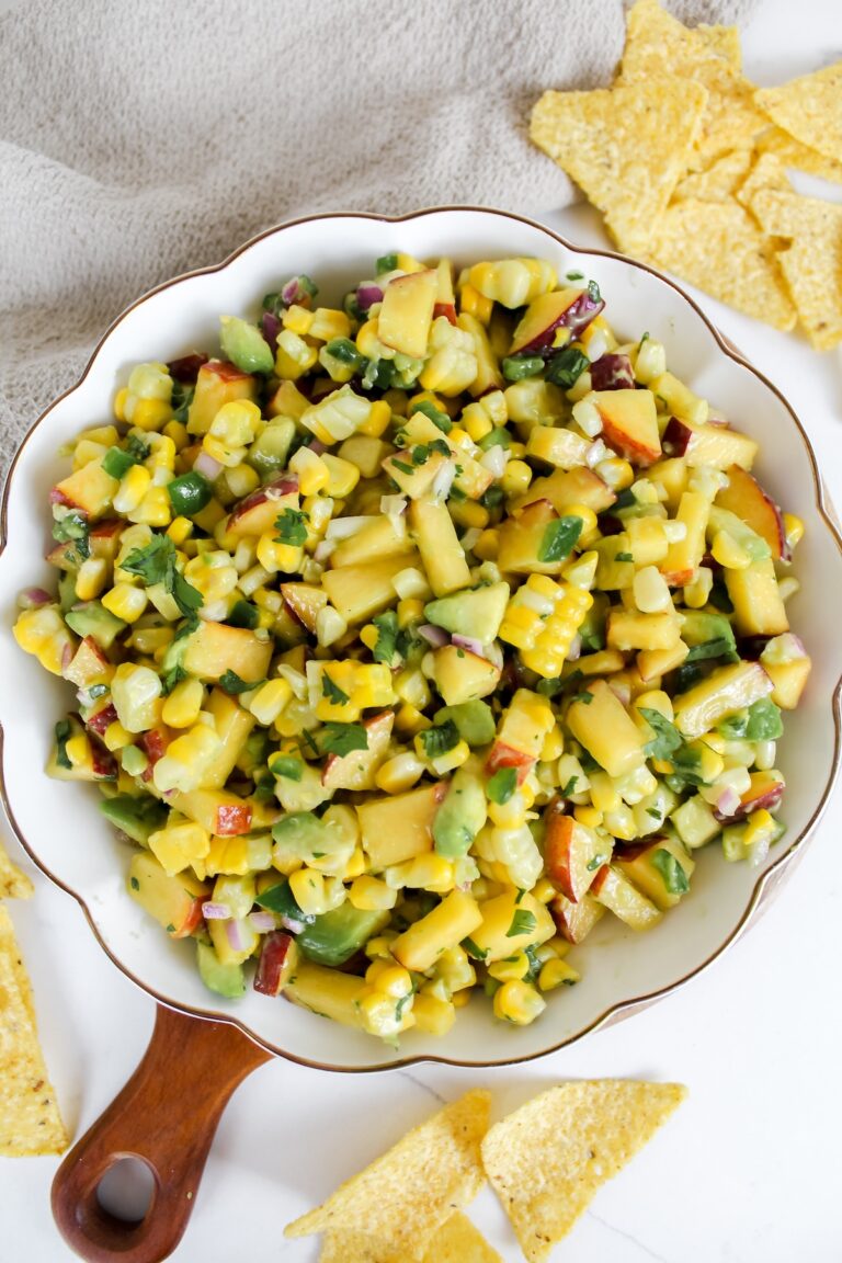 overview shot of corn peach avocado salsa